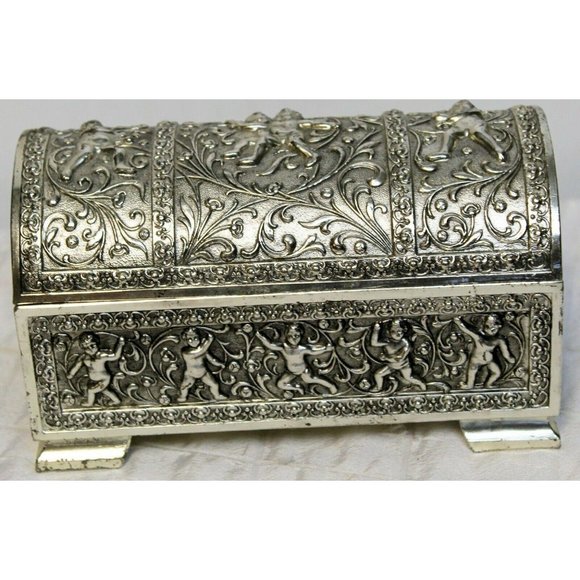Vtg Silver Metal 3D Trinket Jewelry Box Cherubs Flower Dome Lid French Regency - Picture 1 of 10